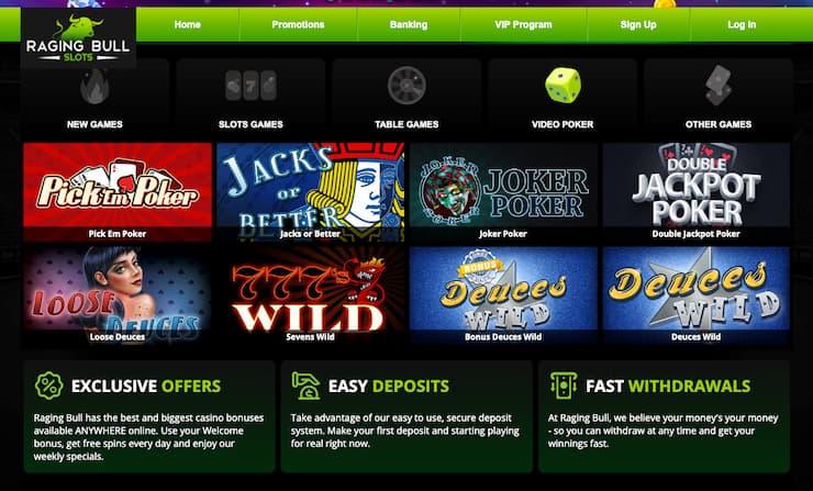 A screenshot of Raging Bull, one of the best real money video poker sites.